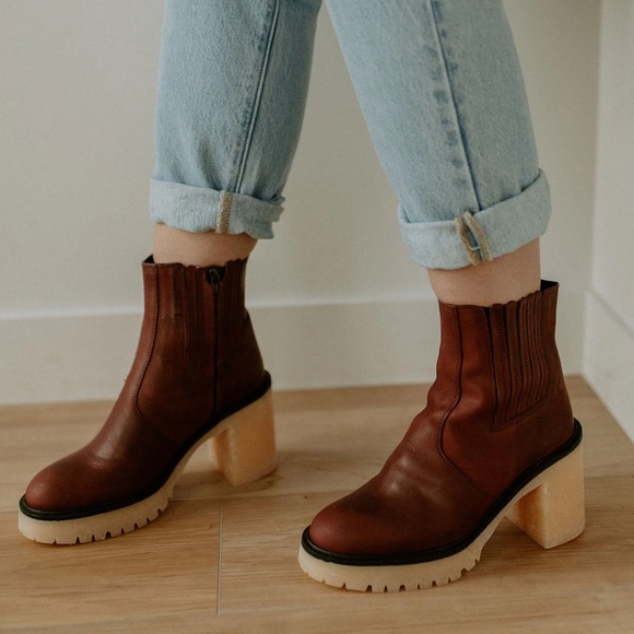 Free People James Leather Chelsea Boot cherry chocolate platform heel boots 37.5 - Picture 2 of 16